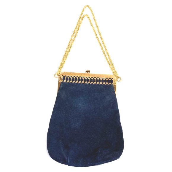 👜 Triangle New York Vintage Blue Suede Gold Tone - Picture 1 of 12